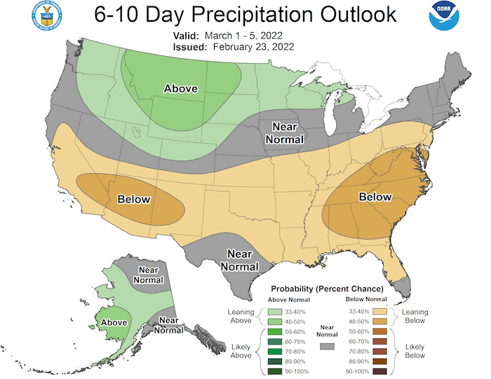 6 to 10 day precipitation outlook for the U.S., showing the probability of above, below, or near normal conditions for March 1–5, 2022.