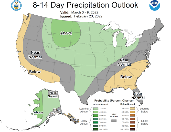 8 to 14 day precipitation outlook for the U.S., showing the probability of above, below, or near normal conditions for March 3–9, 2022.