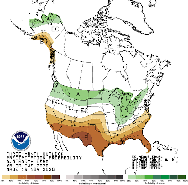 NOAA Climate Prediction Center three-month precipitation outlook for the U.S.