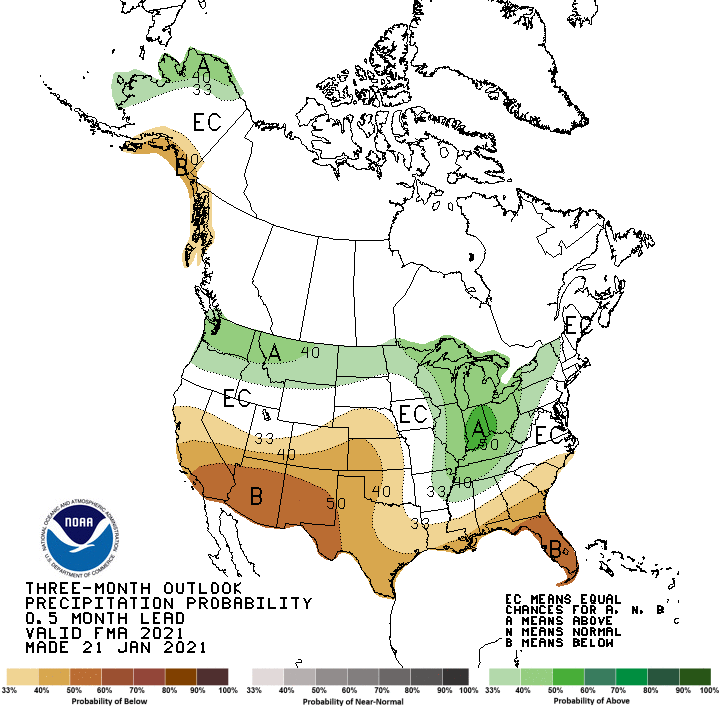 Climate Prediction Center 3-month precipitation outlook, valid for February to April 2021. Shows probability of below-normal precipitation across the Southwest, including Texas and New Mexico.