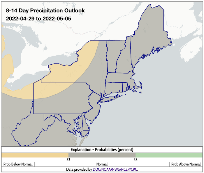 Climate Prediction Center 8-14 day precipitation outlook for the Northeast, showing the probability of above, below, or near normal conditions from April 29 to May 5, 2022.