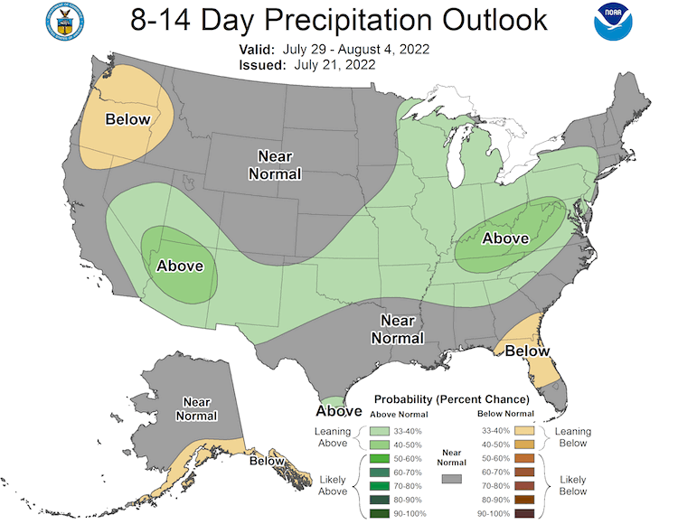 Odds favor near- to above-normal precipitation across the Midwest from July 29 to August 4, 2022.