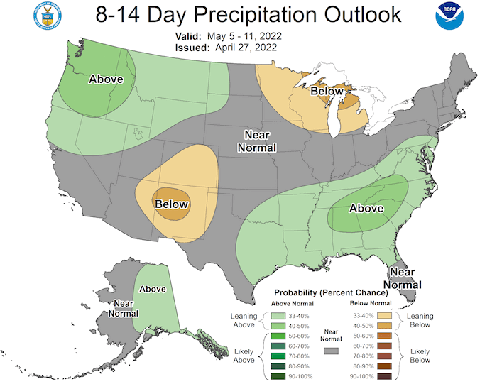 The 8-14 day precipitation outlook for May 5–11, 2022 favors below-normal precipitation for much of Colorado and Minnesota and above-normal conditions for Montana, northern and western Wyoming, and the western Dakotas.
