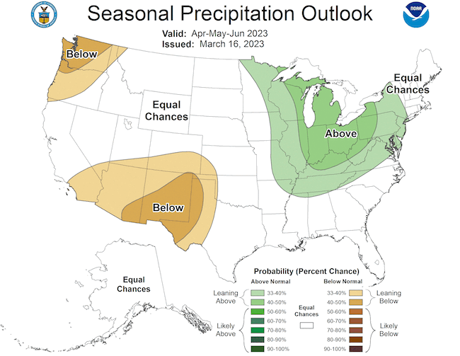 From April to June 2023, odds favor below-normal precipitation in western Texas, New Mexico, the Oklahoma panhandle, and southwestern Kansas, with near equal chances elsewhere.
