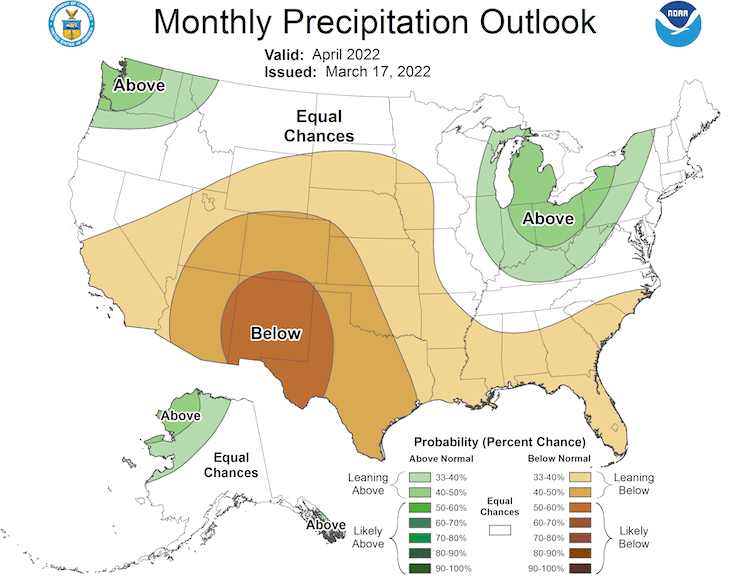 Climate Predication Center 1-month precipitation outlook for April 2022. Odds favor below normal precipitation for theSouthern Plains States. 