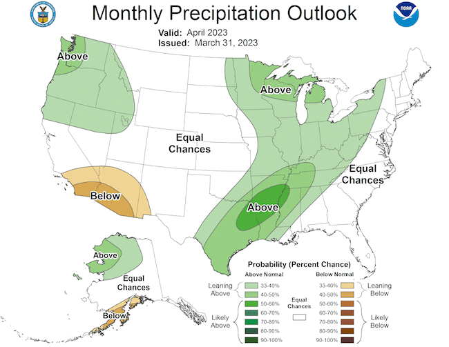 In April 2023, odds slightly favor above normal precipitation for eastern Texas, with near equal chances elsewhere.