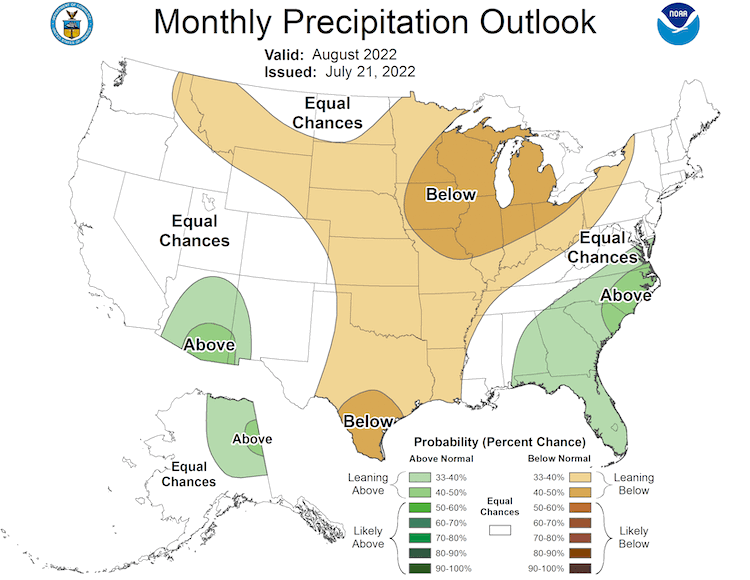 The monthly outlook for August 2022 shows an increased probability of below-normal precipitation for most of Kansas, Oklahoma, and central to western Texas.