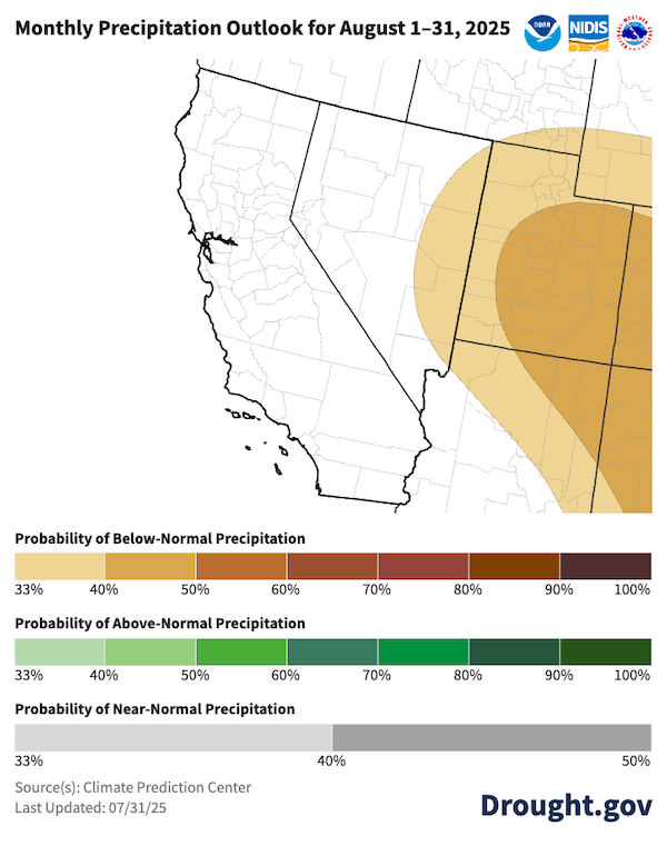 August outlooks favor equal chances of above, normal, and below normal precipitation for California and Nevada.
