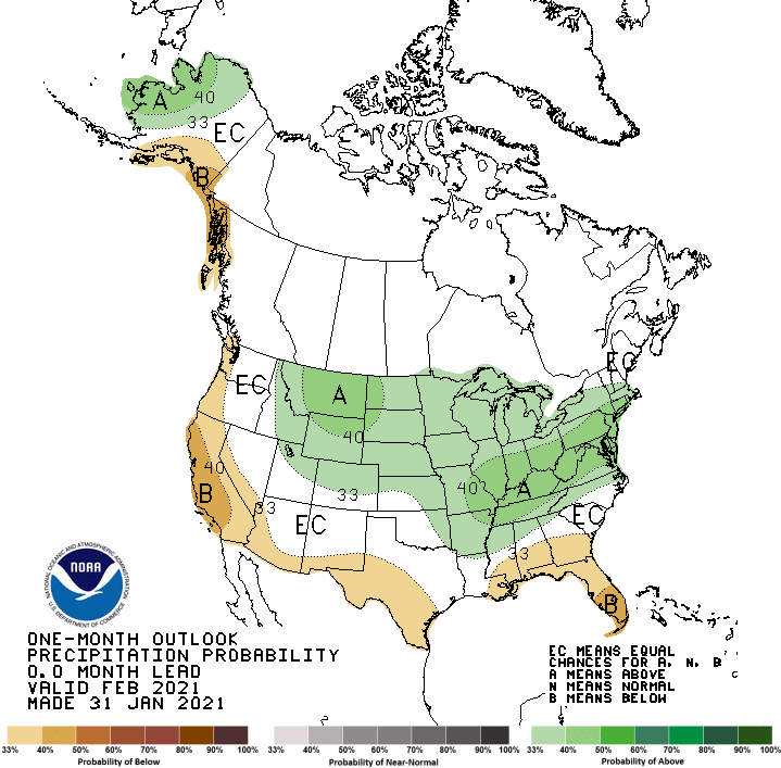 Climate Prediction Center 1-month precipitation outlook, valid for February 2021. Shows probability of below-normal precipitation throughout most of California and the western edge of Nevada.