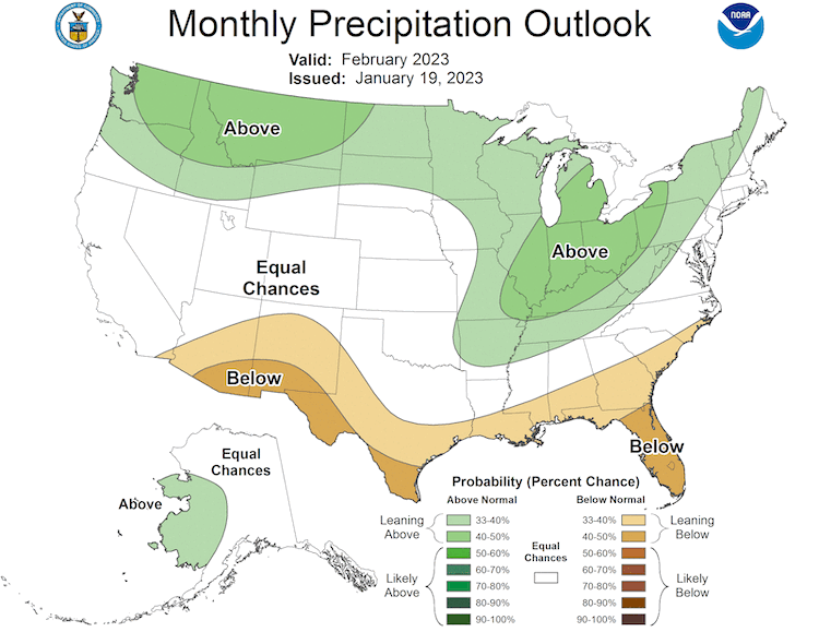 Odds favor above-normal precipitation for much of the Midwest in February 2023, with the highest chances in Illinois, Indiana, Michigan, Ohio, and northern Kentucky.