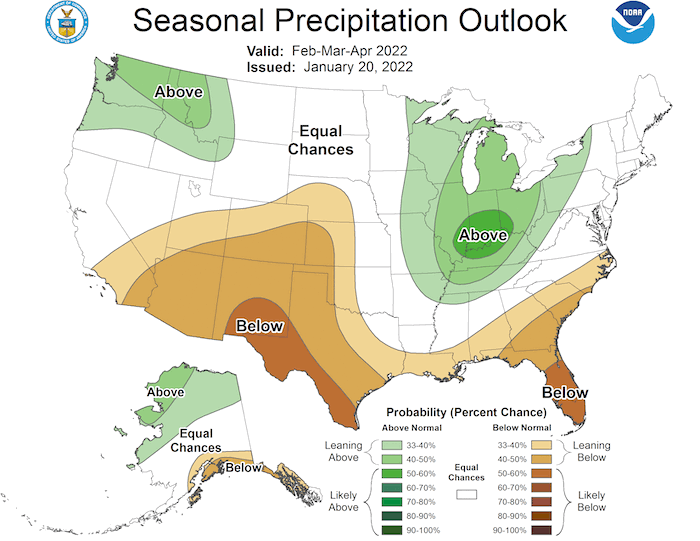 Climate Prediction Center three-month precipitation outlook for February–April 2022, showing the probability of above-normal, below-normal, or near-normal conditions.   Odds favor below normal precipitation for the southwestern U.S.