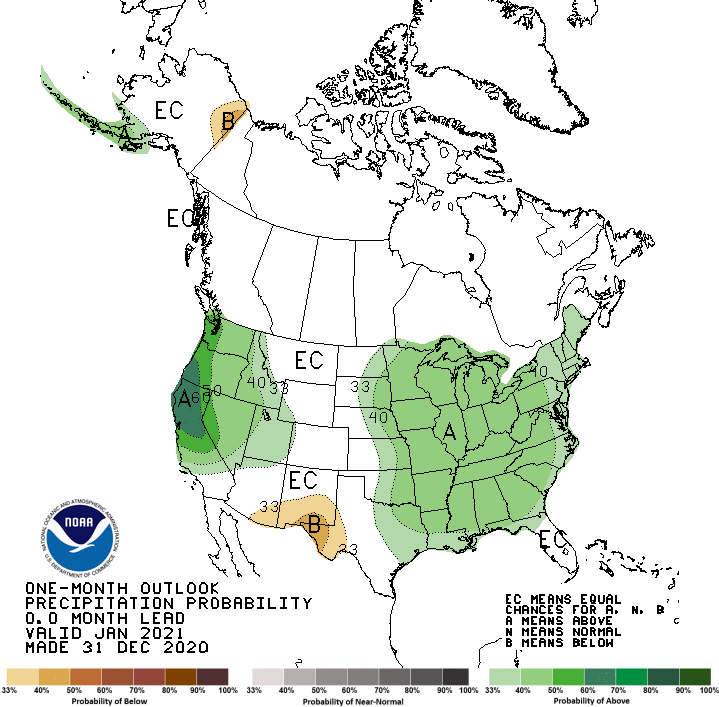 January 2021 precipitation outlook for the United States, showing probability of above-normal precipitation across Nevada and Northern California.