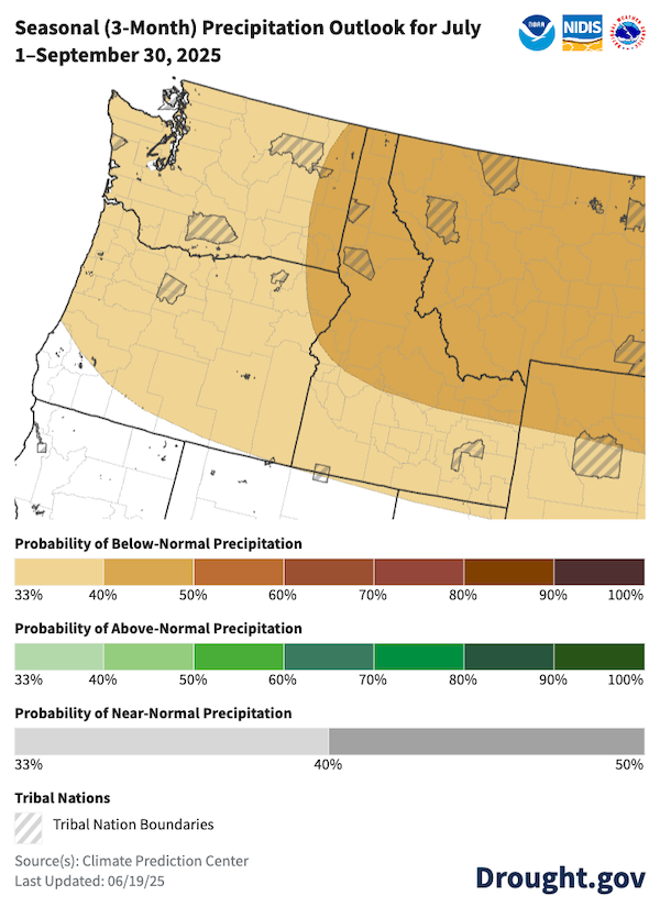 Odds favor below-normal precipitation for most of the Pacific Northwest in July–September 2025.