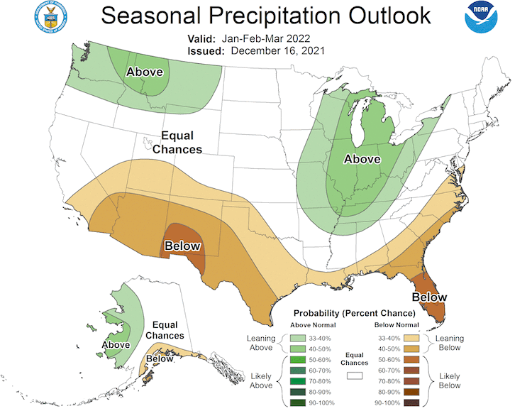 Climate Prediction Center 3-month precipitation outlook for January to March 2022. Odds favor below-normal precipitation in southern California and Nevada, with equal chances of below, near, and above normal conditions elsewhere.