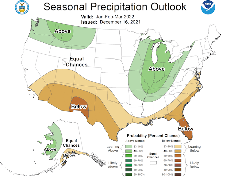 Climate Prediction Center three-month precipitation outlook for January–March 2022, showing the probability of above-normal, below-normal, or near-normal conditions. Odds favor below normal precipitation for the Southwest, including Texas.