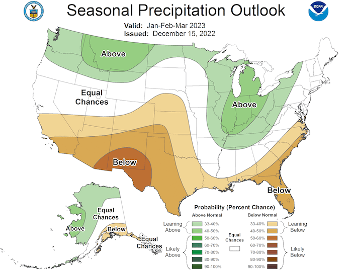 From January to March 2023, odds favor below-normal precipitation in central/southern California and southern Nevada, with equal chances of above- or below-normal precipitation in the rest of the region.
