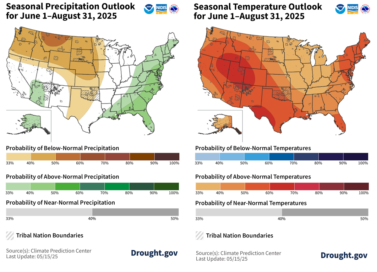 From June 1 to August 31, above-normal temperatures are favored across the U.S. Below-normal precipitation is favored for the Northwest, Northern Rockies, and Great Plains, while above-normal precipitation is favored for the Eastern U.S., much of Arizona, and Alaska.