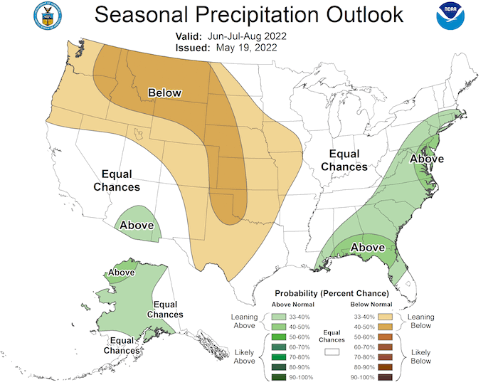Climate Prediction Center three-month precipitation outlook for June to August 2022. Odds favor below-normal precipitation for northern Wyoming, northern Utah, most of Colorado, and eastern New Mexico.