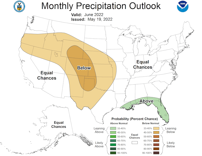 The monthly outlook for June 2022 shows an increased probability of below-normal precipitation for northern Utah, and most of Wyoming, Colorado, and eastern New Mexico.