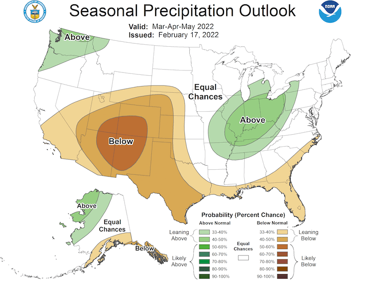 Climate Prediction Center 3-month precipitation outlook, valid for March-May 2022.