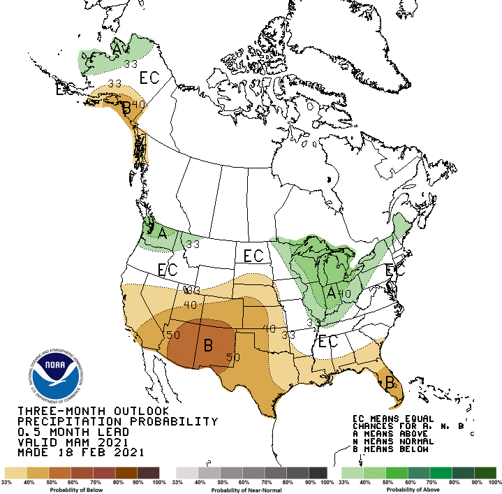 Climate Prediction Center precipitation outlook for March to May 2021. Odds favor below-normal precipitation across all but northern California and Nevada.