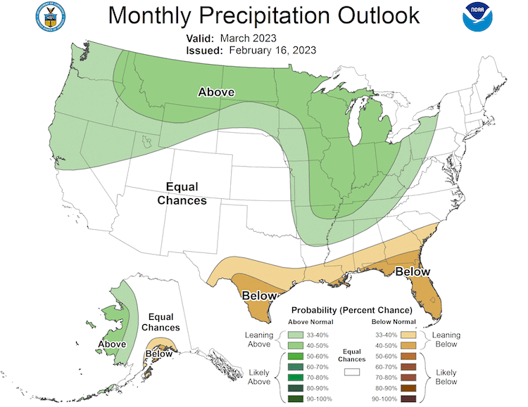In March 2023, odds slightly favor above-normal precipitation in northern parts of the region.