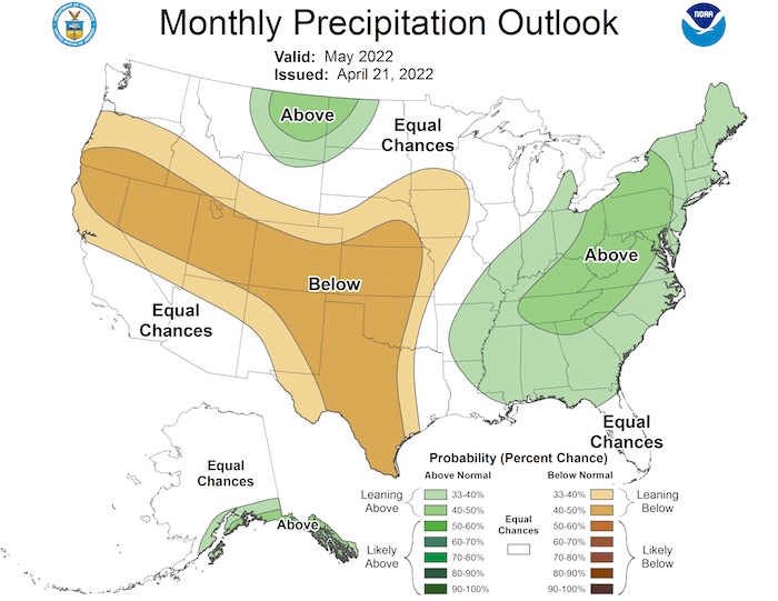The May 2022 precipitation outlook favors above-normal precipitation for the Ohio River Basin, and below-normal conditions in the areas experiencing drought (western Iowa).
