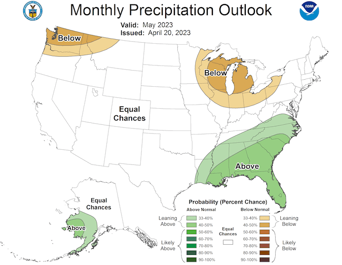 In May 2023, California and Nevada have equal changes of above-, below-, or near-normal precipitation.