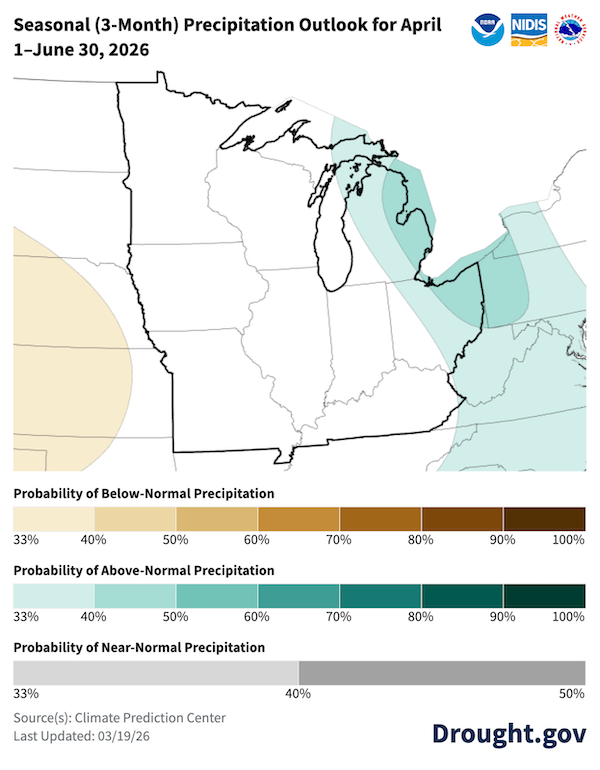 Seasonal (3-Month) Precipitation Outlook map for the Midwest and Great Lakes region, valid April 1 through June 30, 2026. Most of the Midwest—including Missouri, Iowa, Illinois, Indiana, and Wisconsin—is shown in white, signifying equal chances of above-, below-, or near-normal precipitation. There is a 33%–50% probability of above-normal precipitation (light teal) for the eastern Great Lakes and Northeast.