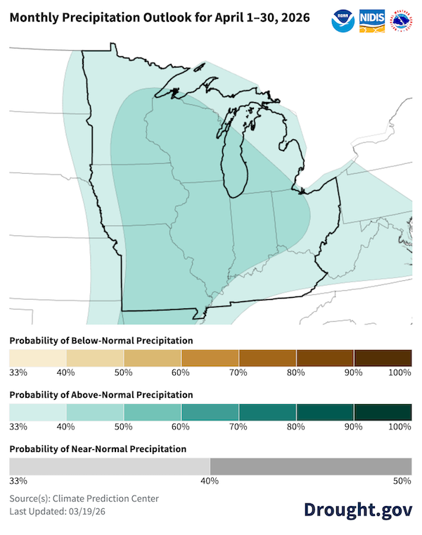 Monthly Precipitation Outlook map for April 1–30, 2026, showing the probability of precipitation deviations across the Midwest and Great Lakes regions. The map indicates a 33%–50% probability of above-normal precipitation across the entire region, with a core area of 40%–50% probability (medium teal) covering Iowa, Missouri, Illinois, Indiana, and most of Wisconsin and Michigan. This suggests a tilt toward wetter-than-average conditions for the coming month, according to data from the Climate Prediction Center updated on March 19, 2026.