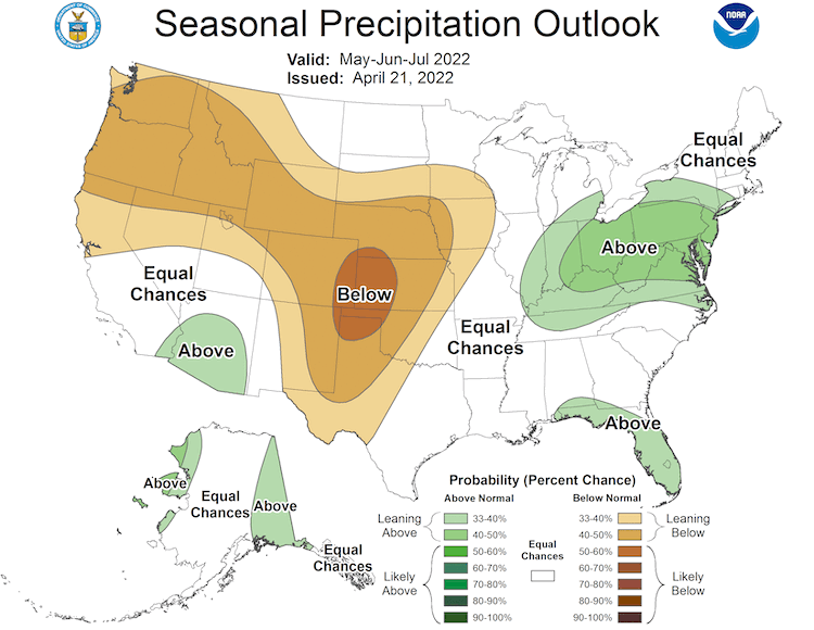 Climate Prediction Center three-month precipitation outlook for May to July 2022, showing the probability of above-normal, below-normal, or near-normal conditions. Odds favor below normal precipitation for most of the Intermountain West, with equal chances in southern Arizona and southwestern New Mexico. 