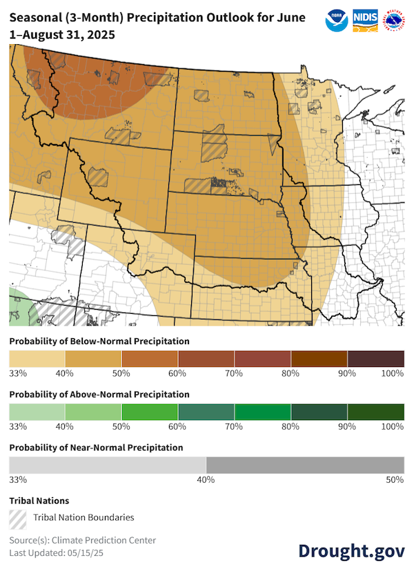  NOAA’s Climate Prediction Center favors below-normal precipitation for the Missouri River Basin in June to August 2025.