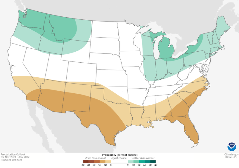Climate Prediction Center 3-month precipitation outlook for November 2021–January 2022. Odds favor below-normal precipitation across most of the Southeast.