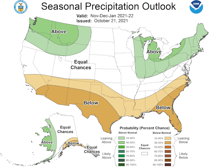 Climate Prediction Center 3-month U.S. precipitation outlook, valid for November 2021 to January 2022. Odds favor equal chances for either above-, near-, or below-normal precipitation across much of the Missouri River Basin, with the exception of Montana and northwest Wyoming.