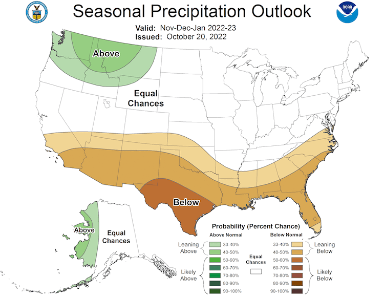 For November 2022 to January 2023, odds favor below-normal precipitation across the Southern Plains.