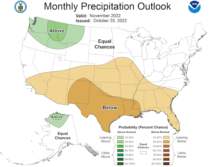Much of the southern portion of the central U.S. (Iowa, Kansas, Nebraska, Missouri, Illinois) has greater chances for below-normal precipitation in November 2022.