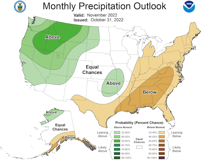 The monthly outlook for November 2022 shows an equal chance of above or below normal precipitation for Arizona, New Mexico and Colorado.