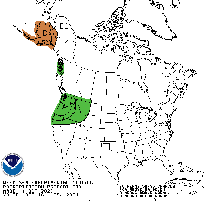 Climate Prediction Center week 3-4 precipitation outlook for the U.S., from October 16-29 2021.