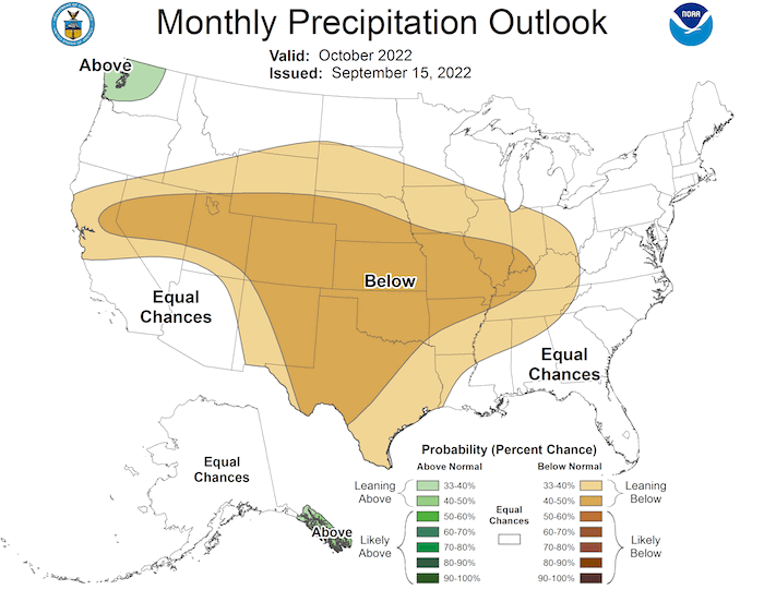 The monthly outlook for October 2022 shows a greater likelihood of below-normal precipitation for the Southern Plains.