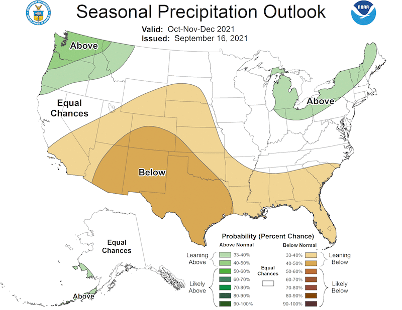 Climate Prediction Center 3-month precipitation outlook, howing the probability of exceeding the median precipitation for the months of October, November, December 2021. Odds favor below normal precipitation for the western US.
