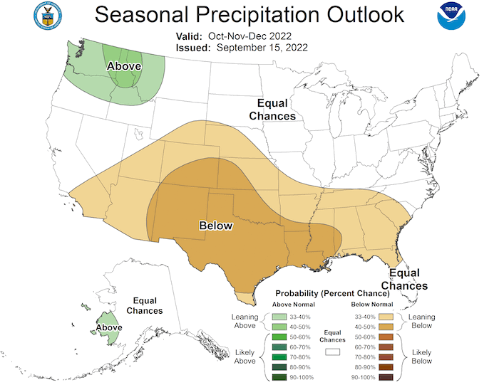 For October to December 2022, odds favor below-normal precipitation across the Southern Plains.
