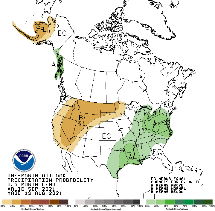 Map showing the probability of exceeding the median precipitation for the month of September 2021. Odds favor below normal precipitation for most of Utah, Wyoming, and western Arizona.