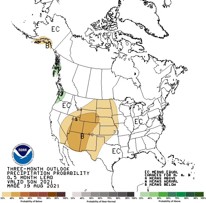 Climate Prediction Center 3-month precipitation outlook, valid for September to November 2021. Odds favor below-normal precipitation across central to easter Nevada and southeastern California.