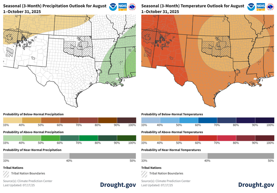 aps of the Southern Plains states showing the odds for above or below normal precipitation and temperatures for the months of August through October, 2025. Odds slightly favor below-normal precipitation across northwestern Kansas (33%-40%). Odds favor above-normal temperatures across the whole region with the highest odds across southern and far west Texas (50%-60%). 