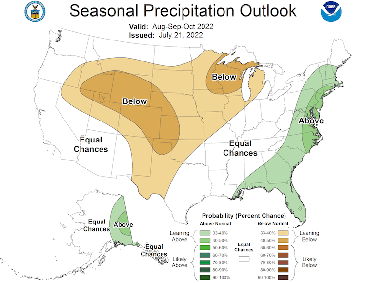 According to the Climate Prediction Center's 3-month precipitation outlook, odds favor below normal precipitation for Kansas, western and central Oklahoma, western Texas, and eastern New Mexico.