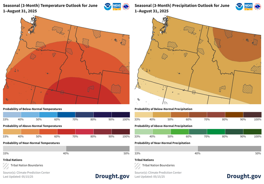 The Climate Prediction Center predicts a greater likelihood of above-normal temperatures and below-normal precipitation for all tribal lands in the Pacific Northwest from June–August 2025.