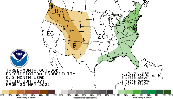 Climate Prediction Center 3-month precipitation outlook for June to August 2021, showing the probability that conditions will be above, below, or near normal.  Odds slightly favor below-normal precipitation across most of the Northern Plains, with equal chances of above- or below-normal conditions in the eastern Dakotas and eastern Nebraska.
