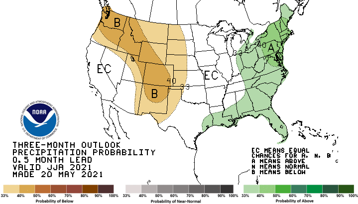 Climate Prediction Center 3-month precipitation outlook for June to August 2021, showing the probability that conditions will be above, below, or near normal. Odds slightly favor below-normal precipitation across most of the Northern Plains, with equal chances of above- or below-normal conditions in the eastern Dakotas and eastern Nebraska.