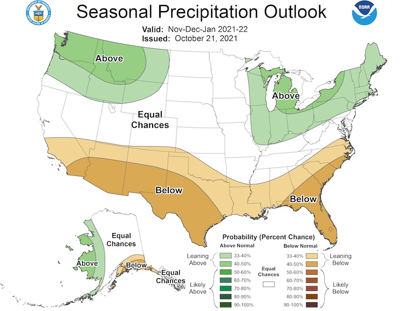 Climate Prediction Center 3-month precipitation outlook, showing the probability of exceeding the median precipitation for the months of November 2021 through January 2022.  Odds favor below normal precipitation for the south western US.