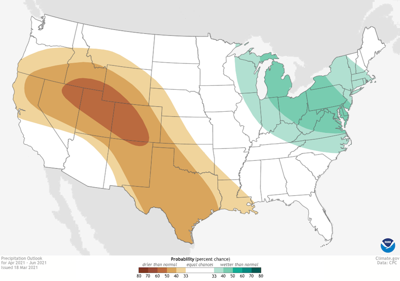 Climate Prediction Center 3-month precipitation outlook, valid for April to June 2021. There are equal changes of above- or below-normal precipitation across the Southeast.